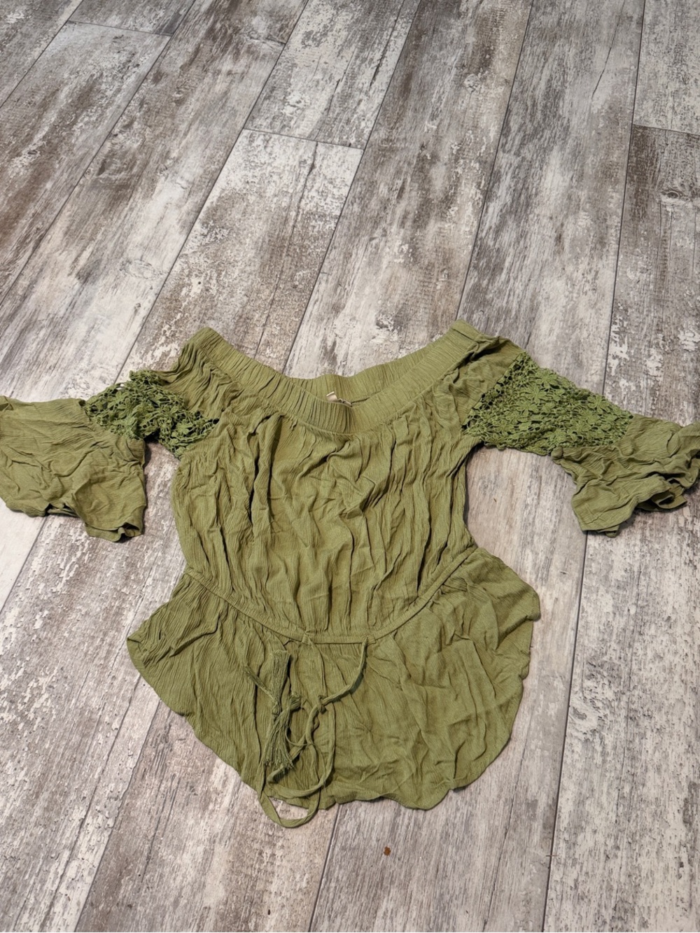 Women's Olive Green Off-Shoulder Blouse with Crochet Sleeves